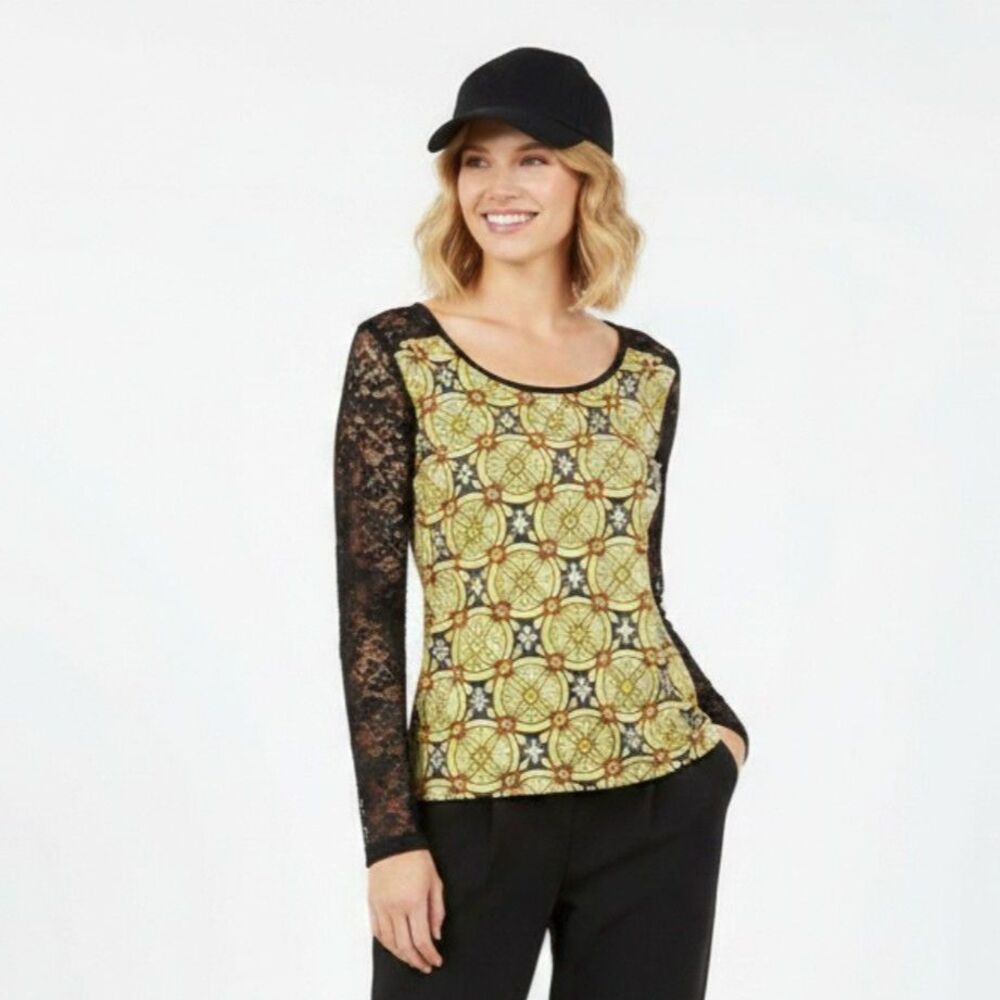 Peppe Peluso Women's Black & Yellow Print Long Sheer Lace Sleeve Top S